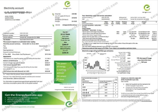 Australia Energy Australia electricity utility bill template in Word and PDF format, 3 pages 1 2